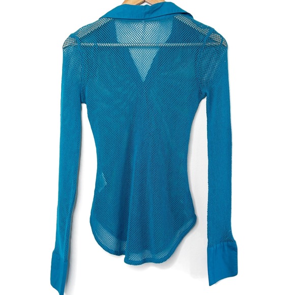 Free People Teal Blue Mesh Button Down Long Sleeve Sheer Cotton Top Size S/P - Picture 5 of 8